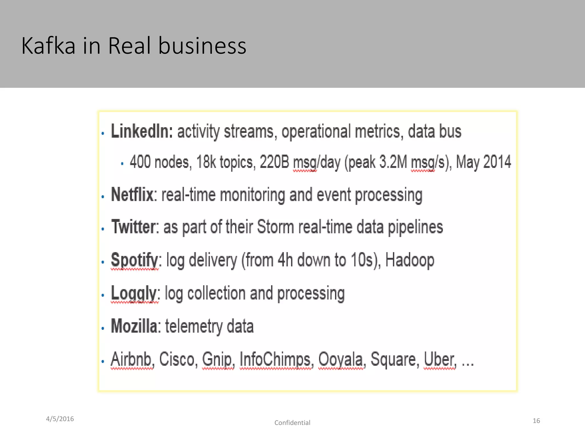 Kafka in Real business
4/5/2016
Confidential 16
 