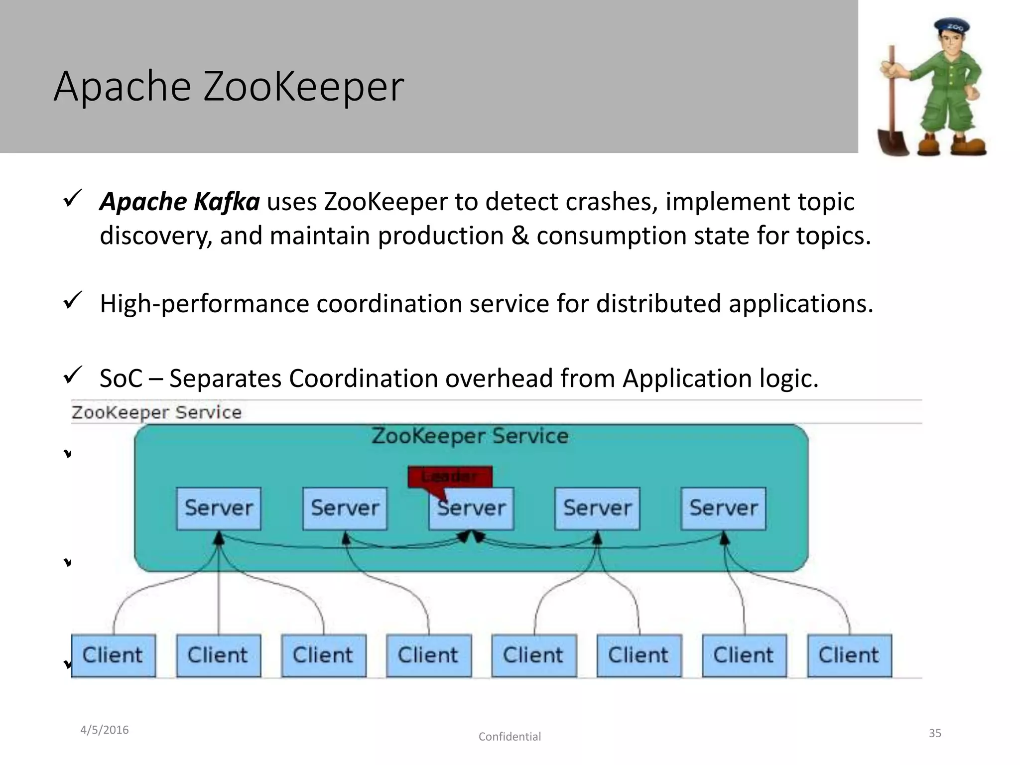 Apache ZooKeeper
4/5/2016
Confidential 35
 Apache Kafka uses ZooKeeper to detect crashes, implement topic
discovery, and maintain production & consumption state for topics.
 High-performance coordination service for distributed applications.
 SoC – Separates Coordination overhead from Application logic.
 Centralized service for naming (registry), configuration
management, synchronization, and group membership services.
 Zookeeper is backbone for Hbase, Solr, Facebook messaging apps &
many more distributed apps.
 Simple, Replicated, Ordered and Fast
 