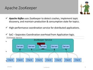 Apache ZooKeeper
4/5/2016
Confidential 35
 Apache Kafka uses ZooKeeper to detect crashes, implement topic
discovery, and maintain production & consumption state for topics.
 High-performance coordination service for distributed applications.
 SoC – Separates Coordination overhead from Application logic.
 Centralized service for naming (registry), configuration
management, synchronization, and group membership services.
 Zookeeper is backbone for Hbase, Solr, Facebook messaging apps &
many more distributed apps.
 Simple, Replicated, Ordered and Fast
 