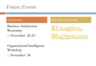 Future EventsBusiness Architecture BootcampNovember  22-23Organizational Intelligence WorkshopNovember  24RVsoapbox.BlogSpot.comFuture EventsOther Material and Links