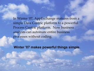 In Winter '07, AppExchange matures from a simple Data Centric platform to a powerful Process Centric platform.  Now business analysts can automate entire business processes without coding. Winter '07 makes powerful things simple. 