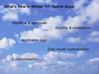 What's New in Winter '07: Native Apps Workflow & approvals  Application logic Data model customization UI customization Security & compliance 