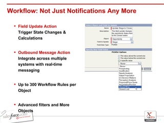 Workflow: Not Just Notifications Any More Field Update Action Trigger State Changes & Calculations Outbound Message Action Integrate across multiple systems with real-time messaging Up to 300 Workflow Rules per Object Advanced filters and More Objects 