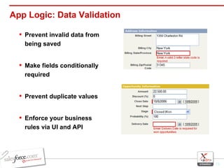 App Logic: Data Validation Prevent invalid data from being saved Make fields conditionally required Prevent duplicate values  Enforce your business rules via UI and API 