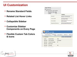 UI Customization Rename Standard Fields Related List Hover Links Collapsible Sidebar Customize Sidebar Components on Every Page Flexible Custom Tab Colors & Icons 