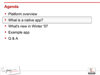 Agenda Platform overview What is a native app? What's new in Winter '07 Example app Q & A 