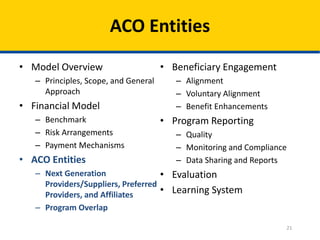 21
ACO Entities
• Model Overview
– Principles, Scope, and General
Approach
• Financial Model
– Benchmark
– Risk Arrangements
– Payment Mechanisms
• ACO Entities
– Next Generation
Providers/Suppliers, Preferred
Providers, and Affiliates
– Program Overlap
• Beneficiary Engagement
– Alignment
– Voluntary Alignment
– Benefit Enhancements
• Program Reporting
– Quality
– Monitoring and Compliance
– Data Sharing and Reports
• Evaluation
• Learning System
 