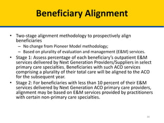 30
Beneficiary Alignment
• Two-stage alignment methodology to prospectively align
beneficiaries
– No change from Pioneer Model methodology;
– Based on plurality of evaluation and management (E&M) services.
• Stage 1: Assess percentage of each beneficiary’s outpatient E&M
services delivered by Next Generation Providers/Suppliers in select
primary care specialties. Beneficiaries with such ACO services
comprising a plurality of their total care will be aligned to the ACO
for the subsequent year.
• Stage 2: For beneficiaries with less than 10 percent of their E&M
services delivered by Next Generation ACO primary care providers,
alignment may be based on E&M services provided by practitioners
with certain non-primary care specialties.
 