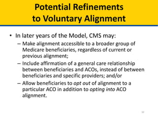 32
Potential Refinements
to Voluntary Alignment
• In later years of the Model, CMS may:
– Make alignment accessible to a broader group of
Medicare beneficiaries, regardless of current or
previous alignment;
– Include affirmation of a general care relationship
between beneficiaries and ACOs, instead of between
beneficiaries and specific providers; and/or
– Allow beneficiaries to opt out of alignment to a
particular ACO in addition to opting into ACO
alignment.
 