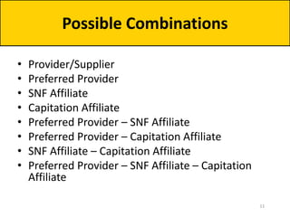 • Provider/Supplier
• Preferred Provider
• SNF Affiliate
• Capitation Affiliate
• Preferred Provider – SNF Affiliate
• Preferred Provider – Capitation Affiliate
• SNF Affiliate – Capitation Affiliate
• Preferred Provider – SNF Affiliate – Capitation
Affiliate
Possible Combinations
11
 