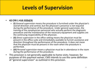 • 42 CFR § 410.32(b)(3)
– (i) General supervision means the procedure is furnished under the physician's
overall direction and control, but the physician's presence is not required
during the performance of the procedure. Under general supervision, the
training of the nonphysician personnel who actually perform the diagnostic
procedure and the maintenance of the necessary equipment and supplies are
the continuing responsibility of the physician.
– (ii) Direct supervision in the office setting means the physician must be
present in the office suite and immediately available to furnish assistance and
direction throughout the performance of the procedure. It does not mean
that the physician must be present in the room when the procedure is
performed.
– (iii) Personal supervision means a physician must be in attendance in the room
during the performance of the procedure.
• This provision is not generally applicable to home visits; however, for
purposes of this payment waiver, CMS intends to use the same definition
of “general supervision” as outlined in this provision.
Levels of Supervision
24
 