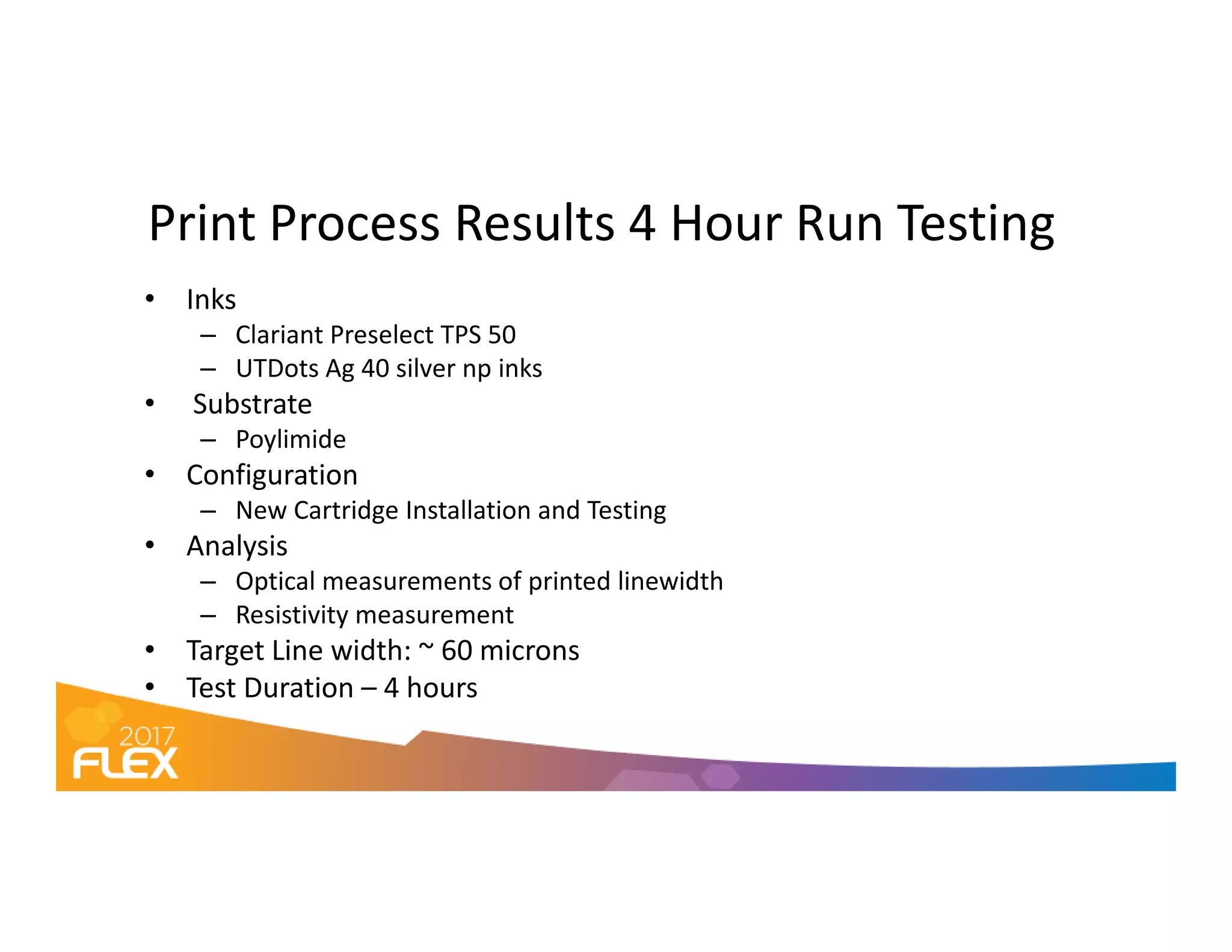 Print Process Results 4 Hour Run Testing
• Inks
– Clariant Preselect TPS 50
– UTDots Ag 40 silver np inks
• Substrate
– Poylimide
• Configuration• Configuration
– New Cartridge Installation and Testing
• Analysis
– Optical measurements of printed linewidth
– Resistivity measurement
• Target Line width: ~ 60 microns
• Test Duration – 4 hours
 