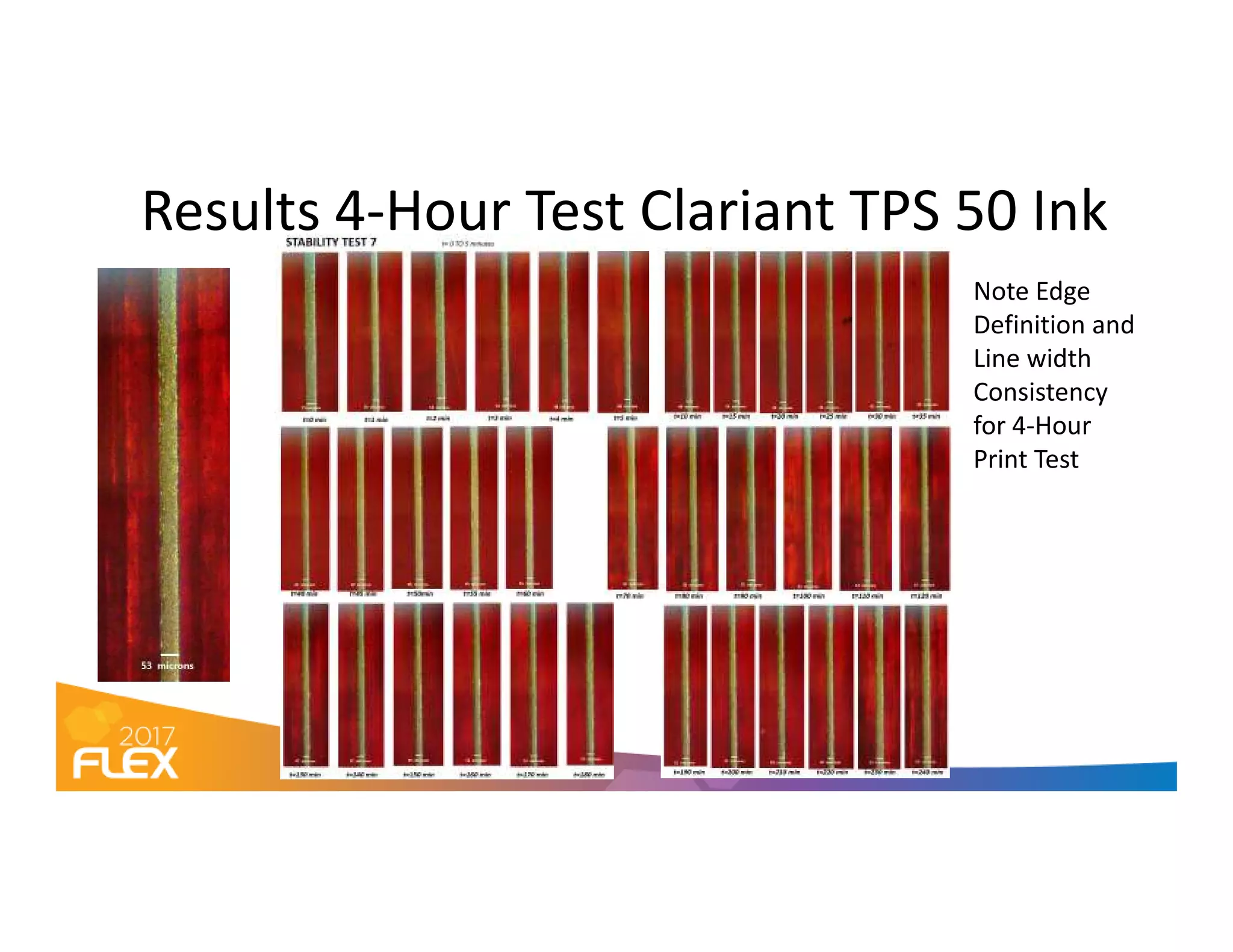 Results 4-Hour Test Clariant TPS 50 Ink
Note Edge
Definition and
Line width
Consistency
for 4-Hour
Print Test
 
