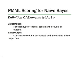 PMML Scoring for Naïve Bayes
Definition Of Elements (ctd .. ) :BayesInputs:
For each type of inputs, contains the counts of
outputs
BayesOutput:
Contains the counts associated with the values of the
target field

22

 