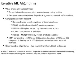 Iterative ML Algorithms


What are iterative algorithms?

 Those that need communication among the computing entities
 Examples – neural networks, PageRank algorithms, network traffic analysis



Conjugate gradient descent

 Commonly used to solve systems of linear equations
 [CB09] tried implementing CG on dense matrices
 DAXPY – Multiplies vector x by constant a and adds y.
 DDOT – Dot product of 2 vectors
 MatVec – Multiply matrix by vector, produce a vector.

 1 MR per primitive – 6 MRs per CG iteration, hundreds of MRs per CG
computation, leading to 10 of GBs of communication even for small
matrices.



Other iterative algorithms – fast fourier transform, block tridiagonal

[CB09] C. Bunch, B. Drawert, M. Norman, Mapscale: a cloud environment for scientific computing,
Technical Report, University of California, Computer Science Department, 2009.

 