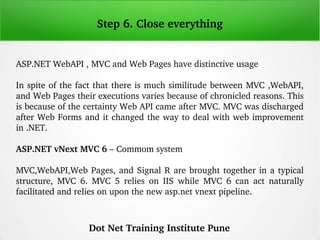 Step 6. Close everything
ASP.NET WebAPI , MVC and Web Pages have distinctive usage
In spite of the fact that there is much...