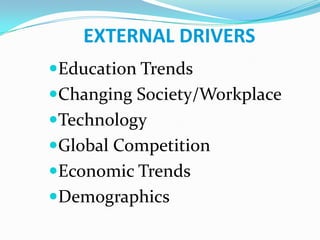 EXTERNAL DRIVERSEducation TrendsChanging Society/WorkplaceTechnologyGlobal CompetitionEconomic TrendsDemographics