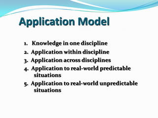 Application Model1.Knowledge in one discipline2.  Application within discipline3.  Application across disciplines4.  Application to real-world predictable situations5.  Application to real-world unpredictable situations
