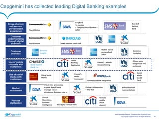 ‹#›Copyright © Capgemini 2014. All Rights Reserved
Next Generation Banking - Capgemini-IBM 2014-05-20.pptx
Capgemini has collected leading Digital Banking examples
Customer
understanding
through digital
channels
Customer
analytics
Use of mobile
channels with
customers
Use of social
media with
customers
Worker
enablement
Process
digitization
Cross-channel,
self-service,
personalized
experience
Business	
  
insights
Easy	
  Bank	
  
Tu	
  cuentas	
  
«	
  Compass	
  virtual	
  banker	
  »	
  
(USA)Finest	
  Online
Finest	
  Online
Quick	
  Deposit	
  
Quick	
  Pay
Best	
  Self	
  
Service	
  
Bank
«	
  Real-­‐time	
  processing	
  
«	
  Apple	
  iPad/iPhone	
  
«	
  Google	
  Cloud	
  	
  
«	
  Customer	
  Assistant	
  Lola	
  »	
  
Tablet	
  
Banking	
  
Application
!Using	
  Social	
  
Media	
  
Virtual	
  
Operations	
  
Business	
  
Intelligence	
  	
  
	
  
Alior	
  Sync	
  -­‐	
  Virtual	
  Bank
Crowd-­‐sourced	
  credit	
  card	
  
Mobile	
  based	
  
personalized	
  
offers
!PremiaT	
  –	
  
Online	
  
Community	
  	
  	
  
	
   Online	
  Facebook	
  Integration
!Online	
  Collaboration	
  
–	
  The	
  Wall	
  
	
  
!PremiaT	
  -­‐	
  Mobile	
  
Geopositioning	
  	
  
	
  
Social	
  
Media	
  
Credit	
  	
  	
  	
  
Card	
  
Remote	
  
mobile	
  
check	
  
deposit
IPhone	
  voice	
  
recognition	
  and	
  
assistance	
  
Customer	
  
Analytics
Video	
  chat	
  with	
  
representatives
 