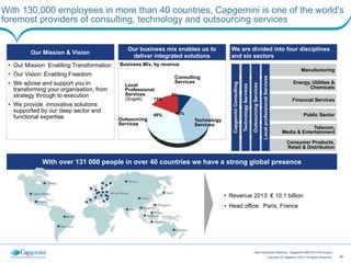 ‹#›Copyright © Capgemini 2014. All Rights Reserved
Next Generation Banking - Capgemini-IBM 2014-05-20.pptx
With 130,000 employees in more than 40 countries, Capgemini is one of the world's
foremost providers of consulting, technology and outsourcing services
With over 131 000 people in over 40 countries we have a strong global presence
• Revenue 2013: € 10,1 billion
• Head office: Paris, France
We are divided into four disciplines
and six sectors
Manufacturing
Energy, Utilities &  
Chemicals
Telecom,
Media & Entertainment
Financial Services
Public Sector
Our Mission & Vision
• Our Mission: Enabling Transformation
• Our Vision: Enabling Freedom
• We advise and support you in
transforming your organisation, from
strategy through to execution
• We provide innovative solutions
supported by our deep sector and
functional expertise Outsourcing
Services
Technology 
Services
Local
Professional
Services
(Sogeti)
5%
40% 40%
15%
Business Mix, by revenue
Our business mix enables us to
deliver integrated solutions
Consumer Products,  
Retail & Distribution
TechnologyServices
OutsourcingServices
LocalprofessionalServices
CapgeminiConsulting
Consulting
Services
 