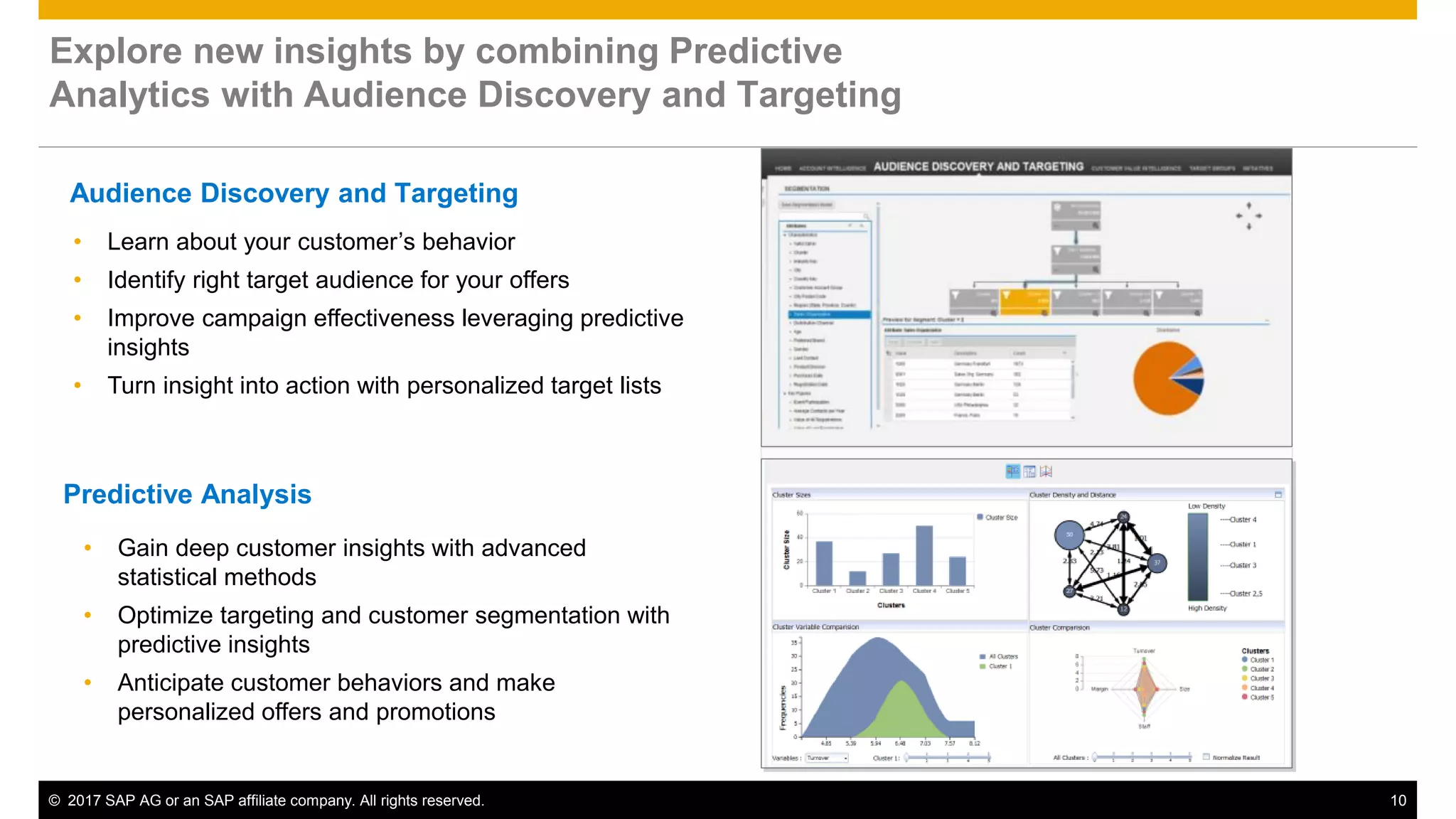 © 2017 SAP AG or an SAP affiliate company. All rights reserved. 10
Audience Discovery and Targeting
• Learn about your customer’s behavior
• Identify right target audience for your offers
• Improve campaign effectiveness leveraging predictive
insights
• Turn insight into action with personalized target lists
Predictive Analysis
• Gain deep customer insights with advanced
statistical methods
• Optimize targeting and customer segmentation with
predictive insights
• Anticipate customer behaviors and make
personalized offers and promotions
Explore new insights by combining Predictive
Analytics with Audience Discovery and Targeting
 