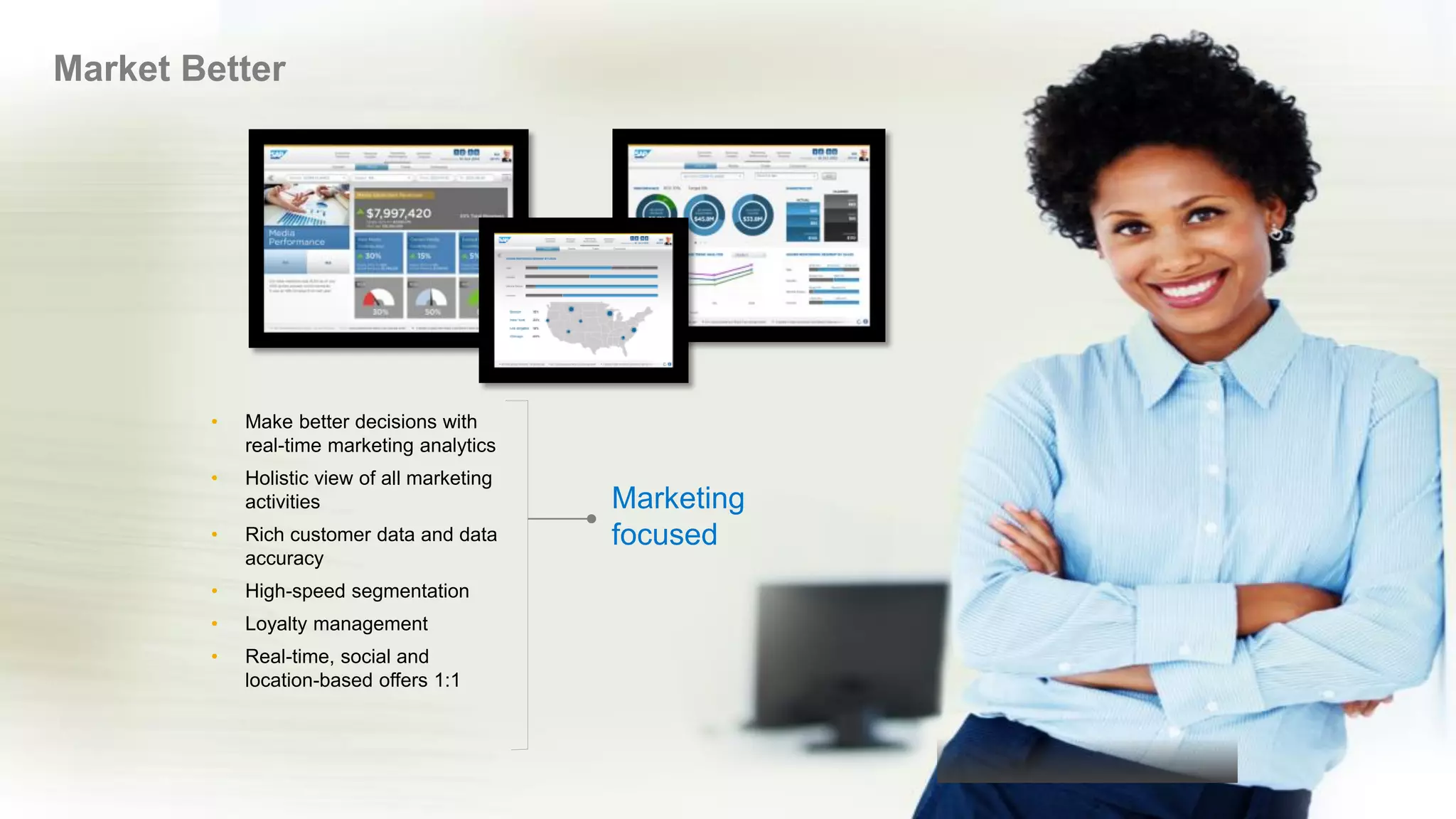 © 2017 SAP AG or an SAP affiliate company. All rights reserved. 13
• Make better decisions with
real-time marketing analytics
• Holistic view of all marketing
activities
• Rich customer data and data
accuracy
• High-speed segmentation
• Loyalty management
• Real-time, social and
location-based offers 1:1
Marketing
focused
Market Better
 