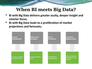 When BI meets Big Data?
• BI with Big Data delivers greater acuity, deeper insight and
smarter focus;
• BI with Big Data leads to a proliferation of market
projections and forecasts;
 
