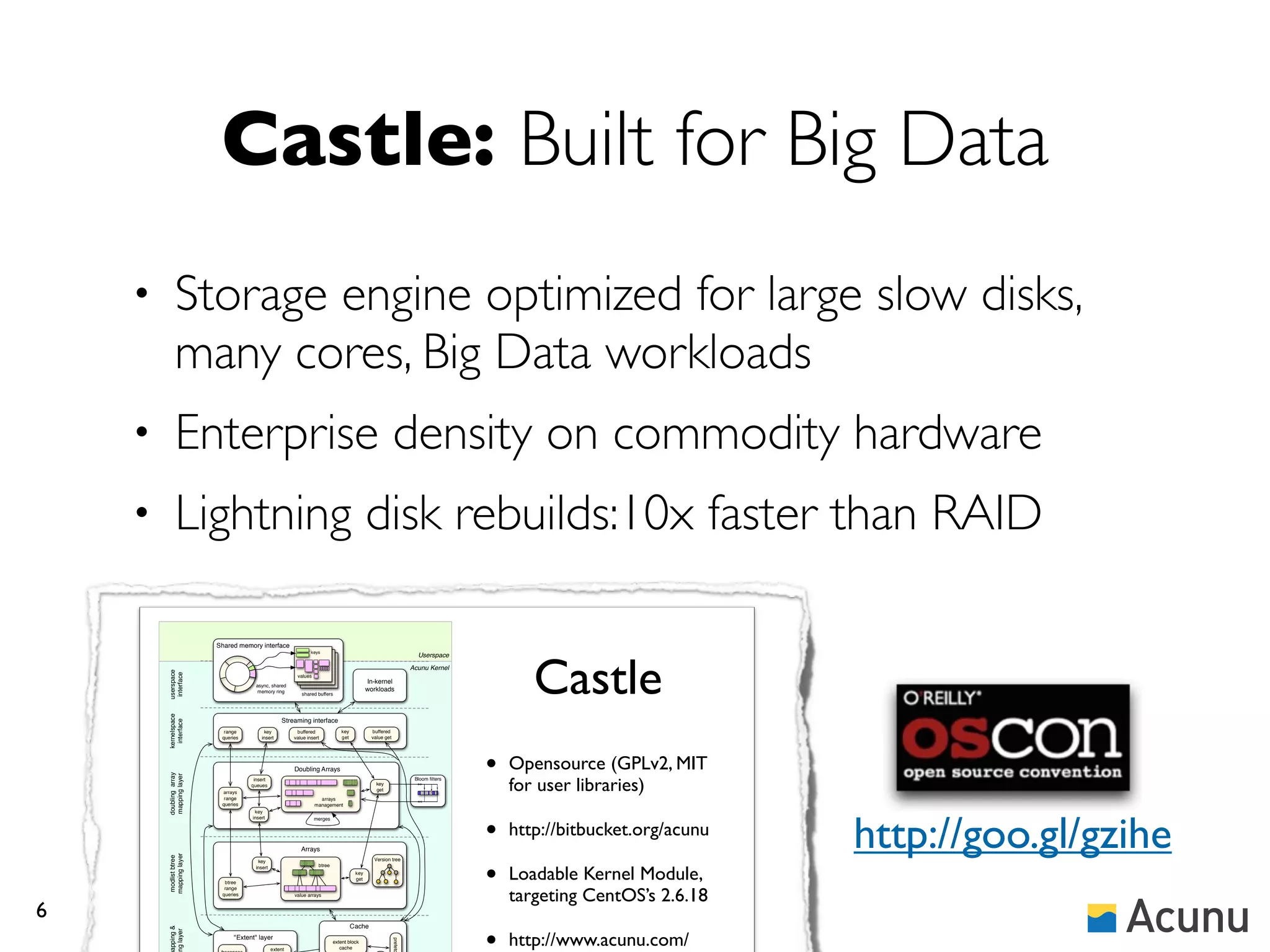 Castle: Built for Big Data
    •        Storage engine optimized for large slow disks,
             many cores, Big Data workloads
    •        Enterprise density on commodity hardware
    •        Lightning disk rebuilds:10x faster than RAID

                         Shared memory interface




                                                                                                                                          Castle
                                                                keys
                                                                                                                     Userspace
                                                                                                                   Acunu Kernel
        userspace
         interface




                                                         values
                                                                                            In-kernel
                                      async, shared
                                       memory ring                                          workloads
                                                           shared buffers
        kernelspace




                                                    Streaming interface
          interface




                           range          key            buffered              key           buffered
                          queries        insert         value insert           get           value get




                                                        Doubling Arrays                                                            •   Opensource (GPLv2, MIT
        doubling array
        mapping layer




                                                                                                                                       for user libraries)
                                      insert                                                                        Bloom ﬁlters
                                     queues                                                    key
                                                                                               get
                          arrays                                                                                           x
                           range                                    arrays
                          queries                                 management




                                                                                                                                                                    http://goo.gl/gzihe
                                      key




                                                                                                                                   •
                                     insert                       merges


                                                                                                                                       http://bitbucket.org/acunu
                                                           Arrays
        mapping layer




                                                                                                                                   •
        modlist btree




                                       key                                                    Version tree


                                                                                                                                       Loadable Kernel Module,
                                      insert                       btree
                                                                                      key
                                                                                      get
                           btree


                                                                                                                                       targeting CentOS’s 2.6.18
                           range
                          queries                       value arrays



6
                                                                                                                                   •
                                                                                     Cache
        apping &




                                                                                                                                       http://www.acunu.com/
        ng layer




                               "Extent" layer
                                                                                                         prefetc




                                                                           extent block
                                               extent                         cache
 