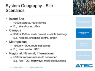 Island Site <300m across, route owned E.g. Warehouse, office Campus 300m>1500m, route owned, multiple buildings E.g. hospital, shopping centre, airport Metropolitan 1500m>10Km, route not owned E.g. town centre, UTC Regional, National, International >10Km transmission route not owned E.g. Rail TOC, Highways, multi-site business System Geography - Site Scenarios 