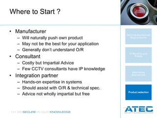 Where to Start ? Manufacturer Will naturally push own product May not be the best for your application Generally don’t understand O/R Consultant Costly but Impartial Advice Few CCTV consultants have IP knowledge Integration partner Hands-on expertise in systems Should assist with O/R & technical spec. Advice not wholly impartial but free 