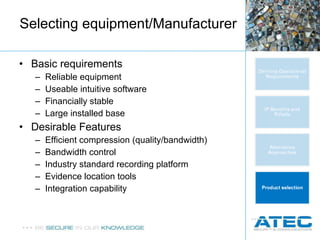 Selecting equipment/Manufacturer Basic requirements Reliable equipment Useable intuitive software Financially stable Large installed base Desirable Features Efficient compression (quality/bandwidth) Bandwidth control Industry standard recording platform Evidence location tools Integration capability 