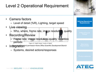 Level 2 Operational Requirement Camera factors Level of detail (%R), Lighting, target speed Live viewing Who, where, frame rate, image resolution, quality Recording/Review Frame rate, image resolution, quality, retention periods Integration Systems, desired actions/responses Reproduced by kind permission Home Office Scientific Development Branch 
