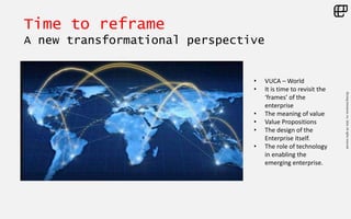 ©LivingEnterprise,Inc.2014.Allrightsreserved
Time to reframe
A new transformational perspective
• VUCA – World
• It is time to revisit the
‘frames’ of the
enterprise
• The meaning of value
• Value Propositions
• The design of the
Enterprise itself.
• The role of technology
in enabling the
emerging enterprise.
 