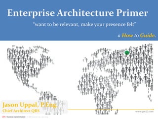 Enterprise Architecture Primer

of 27

“want to be relevant, make your presence felt”
a How to Guide.

Jason Uppal, P.Eng.
Chief Architect QRS
QRS | business transformation © QR Systems Inc. 200-2014

www.qrs3E.com

 