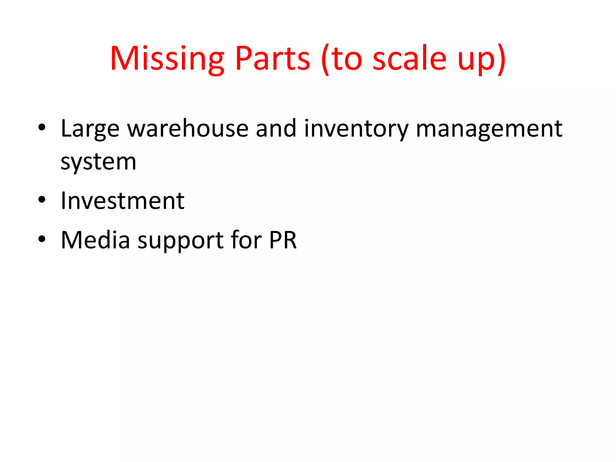 • Large warehouse and inventory management
system
• Investment
• Media support for PR
Missing Parts (to scale up)
 