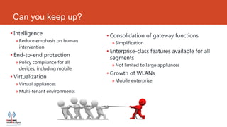 Can you keep up?
• Intelligence                  • Consolidation of gateway functions
  » Reduce emphasis on human      » Simplification
    intervention
                                • Enterprise-class features available for all
• End-to-end protection           segments
  » Policy compliance for all
                                  » Not limited to large appliances
    devices, including mobile
                                • Growth of WLANs
• Virtualization
                                  » Mobile enterprise
  » Virtual appliances
  » Multi-tenant environments
 