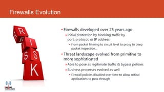 Firewalls Evolution

                      • Firewalls developed over 25 years ago
                        » Initial protection by blocking traffic by
                          port, protocol, or IP address
                          • From packet filtering to circuit level to proxy to deep
                            packet inspection…
                      • Threat landscape evolved from primitive to
                        more sophisticated
                        » Able to pose as legitimate traffic & bypass policies
                        » Business processes evolved as well
                          • Firewall policies disabled over time to allow critical
                            applications to pass through
 