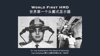 Dr. Ivan Sutherland‘s The Sword of Damocles
Ivan Sutherland博士达摩克利斯之剑, 1968年
World First HMD 
世界第一个头戴式显示器
 