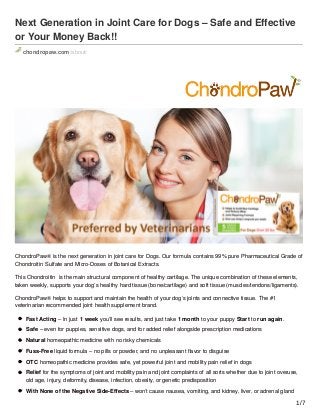 Next Generation in Joint Care for Dogs – Safe and Eﬀective
or Your Money Back!!
chondropaw.com /about/
ChondroPaw® is the next generation in joint care for Dogs. Our formula contains 99% pure Pharmaceutical Grade of
Chondroitin Sulfate and Micro-Doses of Botanical Extracts.
This Chondroitin is the main structural component of healthy cartilage. The unique combination of these elements,
taken weekly, supports your dog’s healthy hard tissue (bone/cartilage) and soft tissue (muscles/tendons/ligaments).
ChondroPaw® helps to support and maintain the health of your dog’s joints and connective tissue. The #1
veterinarian recommended joint health supplement brand.
Fast Acting – In just 1 week you’ll see results, and just take 1 month to your puppy Start to run again.
Safe – even for puppies, sensitive dogs, and for added relief alongside prescription medications
Natural homeopathic medicine with no risky chemicals
Fuss-Free liquid formula – no pills or powder, and no unpleasant ﬂavor to disguise
OTC homeopathic medicine provides safe, yet powerful joint and mobility pain relief in dogs
Relief for the symptoms of joint and mobility pain and joint complaints of all sorts whether due to joint overuse,
old age, injury, deformity, disease, infection, obesity, or genetic predisposition
With None of the Negative Side-Eﬀects – won’t cause nausea, vomiting, and kidney, liver, or adrenal gland
1/7
 