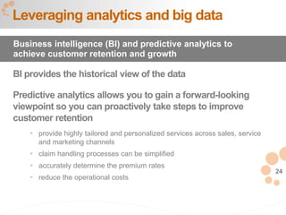 24
BI provides the historical view of the data
Predictive analytics allows you to gain a forward-looking
viewpoint so you can proactively take steps to improve
customer retention
 provide highly tailored and personalized services across sales, service
and marketing channels
 claim handling processes can be simplified
 accurately determine the premium rates
 reduce the operational costs
Leveraging analytics and big data
Business intelligence (BI) and predictive analytics to
achieve customer retention and growth
 