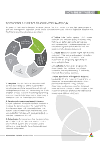 Next Generation Consultants - All rights reserved 39
HOW THE III™ WORKS
DEVELOPING THE IMPACT MEASUREMENT FRAMEWORK
In general, social investors follow a certain process, as described below, to ensure that measurement is
part of a management approach. Where such a comprehensive (best practice) approach does not exist,
Next Generation Consultants can develop it.
1.
G
oalsetting
2.
Frameworkdevelopmentandindicatorselection
7.
Data-driven
management
3.
Data
collection
4.
Datavalidation
6.Datareporting
5.
Data
analysis
1. Set goals: Funders describe, articulate and
set the desired impact of the investment by
developing a strategy, establishing a theory of
change and practice, and determining the value
creation process to inform the strategic planning
and management decision-making to serve as a
reference point for investment performance.
2. Develop a framework and select indicators:
Funders determine metrics or indicators to assess or
measure the performance of the investment. The
framework provides indicators and outlines how
specific data should be captured and used, and
uses indicators that align with existing standards to
measure progress and impact.
3. Collect data: Funders ensure that the information,
technology, tools and resources, human capital
and methods (systems and processes) used to
obtain and track data for the anticipated impact
are effectively utilised.
4. Validate data: Funders validate data to ensure
credibility and sufficient quality in order to verify
that impact data is complete, comparable
and transparent by checking assumptions and
calculations against known data sources and
research methodologies (baselines).
5. Analyse data: Funders distill insights from the data
collected – they review and analyse, triangulate
and synthesise data to understand how
investments are progressing against impact
goals and objectives.
6. Report data: Funders share progress with
stakeholders – they distribute impact data
coherently, credibly and reliably to effectively
inform all stakeholders’ decisions.
7. Make data-driven management decisions:
Funders identify and implement mechanisms to
strengthen the investment and development
process and outcomes – they consider
stakeholder feedback on reported data and
assess recommendations to make changes to the
investment or theory of change to address and
ensure sustainable development.
 