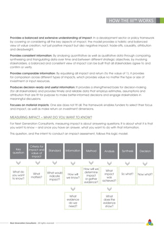 Next Generation Consultants - All rights reserved 41
HOW THE III™ WORKS
Provides a balanced and extensive understanding of impact: In a development sector or policy framework
by covering or considering all the key aspects of impact, the model provides a holistic and balanced
view of value creation, not just positive impact but also negative impact, trade-offs, causality, attribution
and deadweight.
Provides consistent information: By analysing quantitative as well as qualitative data through comparing,
synthesising and triangulating data over time and between different strategic objectives, by involving
stakeholders, a balanced and consistent view of impact can be built that all stakeholders agree to and
confirm or verify.
Provides comparable information: By equalising all impact and return (to the value of 1), it provides
for comparison across different types of impacts, which provides value no matter the type or size of
investment or input resources.
Produces decision-ready and useful information: It provides a strengthened basis for decision-making
(for all stakeholders) and provides timely and reliable data that employs estimates, assumptions and
attribution that are fit for purpose to make better-informed decisions and engage stakeholders in
meaningful discussions.
Focuses on material impacts: One size does not fit all. The framework enables funders to select their focus
and impact, as well as make return on investment dimensions.
MEASURING IMPACT – WHAT DO YOU WANT TO KNOW?
For Next Generation Consultants, measuring impact is about answering questions. It is about what it is that
you want to know – and once you have an answer, what you want to do with that information.
This question, and the intent to conduct an impact assessment, follows this logic model:
Key
question
What do
you want
to know?
Criteria for
impact and
value of
impact
What
matters?
Standard
What would
indicate
impact?
Information
How will
we know?
What
evidence
do we
need?
Method
How will we
determine
impact
or gather
evidence?
Analysis
What
impact
was
achieved?
What
does the
evidence
show?
Synthesis
So what?
Decision
Now what?
 
