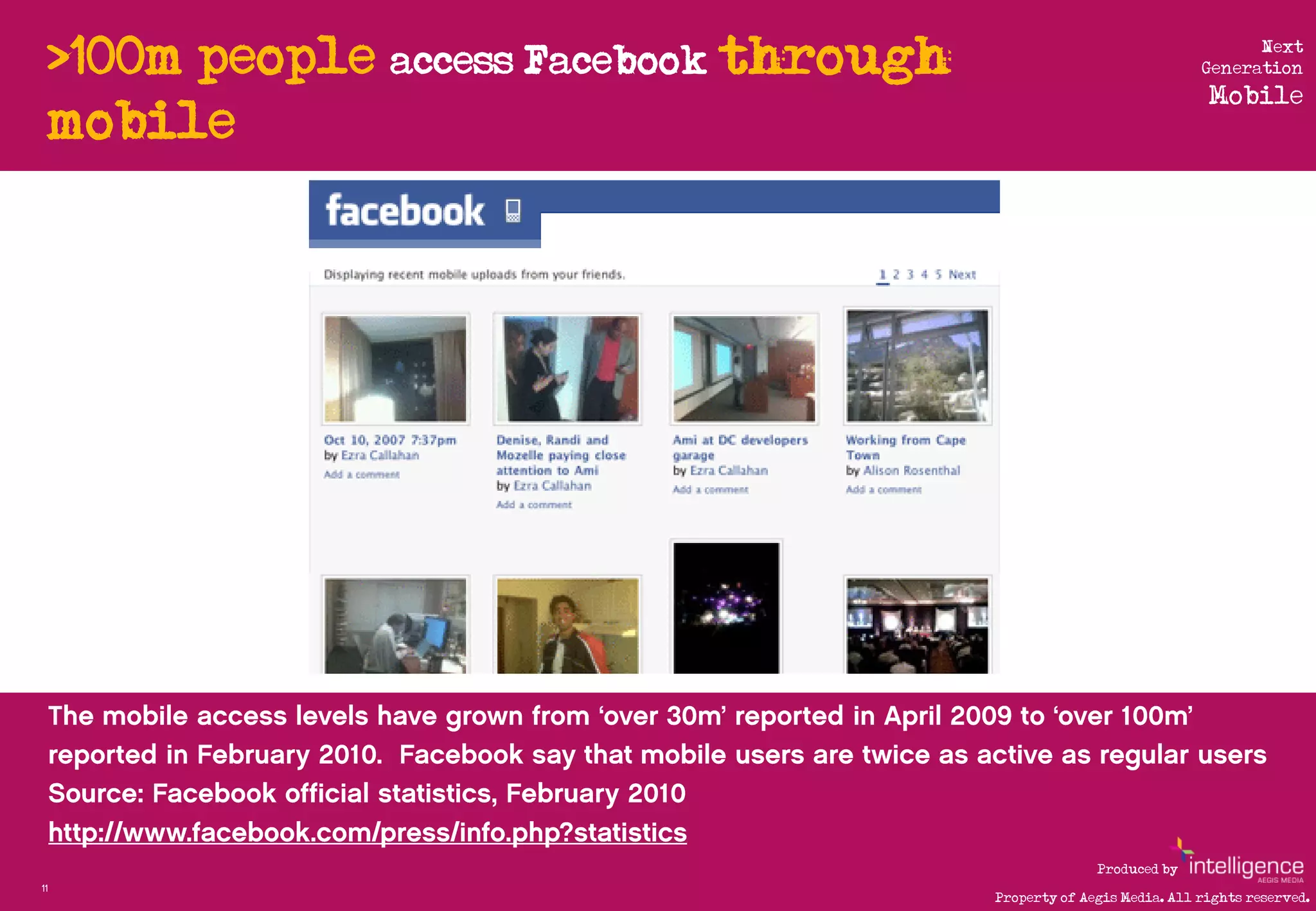 >100m people access Facebook through                                      Next
                                                                         Generation
                                                                          Mobile
     mobile




                                                          Produced by
11
                                            Property of Aegis Media. All rights reserved.
 