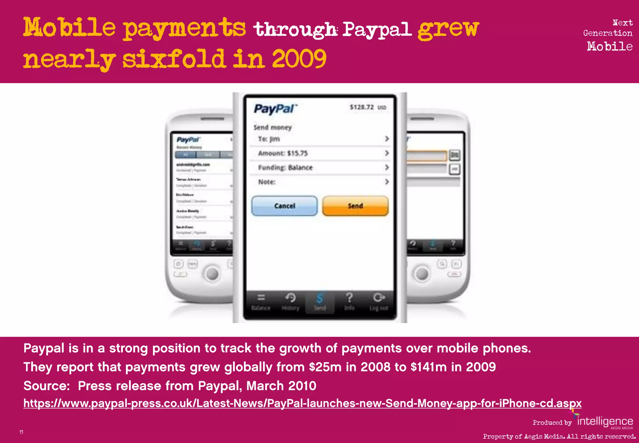 Mobile payments through Paypal grew                                                           Next
                                                                                             Generation
                                                                                              Mobile
     nearly sixfold in 2009

         http://www.flickr.com/photos/11431482@N00/286961074/




                                                                              Produced by
13
                                                                Property of Aegis Media. All rights reserved.
 