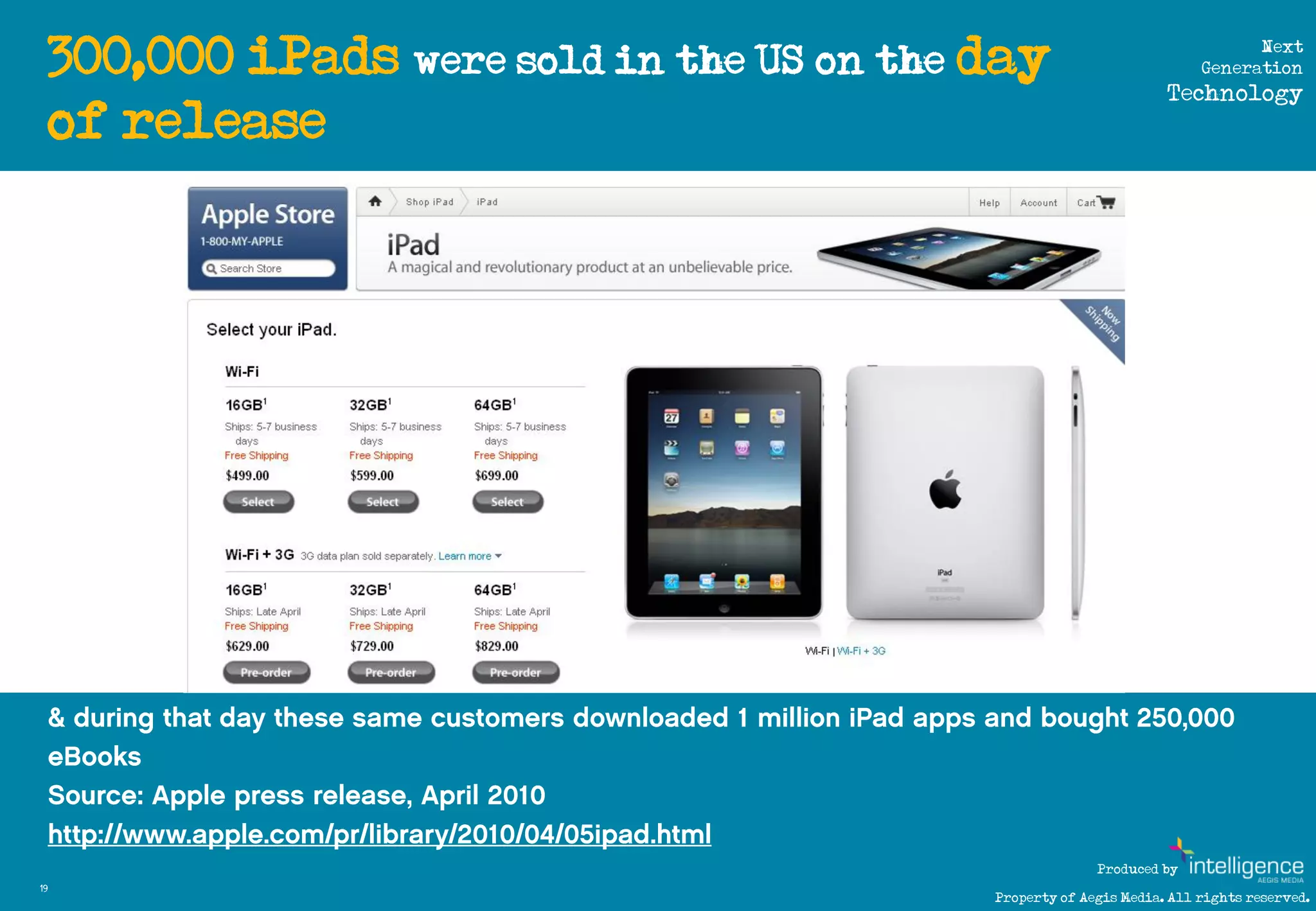 300,000 iPads were sold in the US on the day                                Next
                                                                           Generation
                                                                      Technology
     of release




                                                            Produced by
19
                                              Property of Aegis Media. All rights reserved.
 