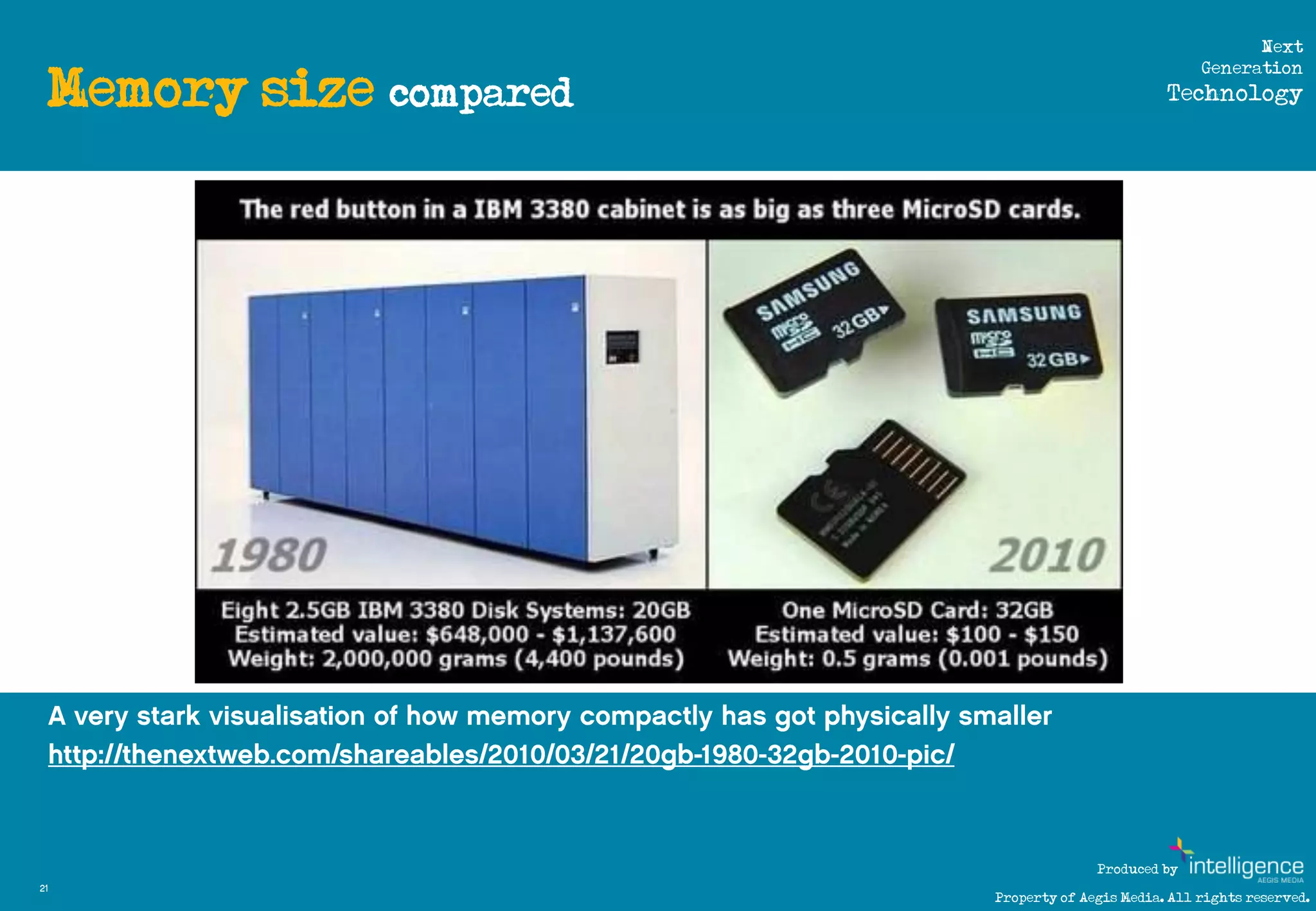 Next

     Memory size compared
                                                         Generation
                                                    Technology




                                          Produced by
21
                            Property of Aegis Media. All rights reserved.
 