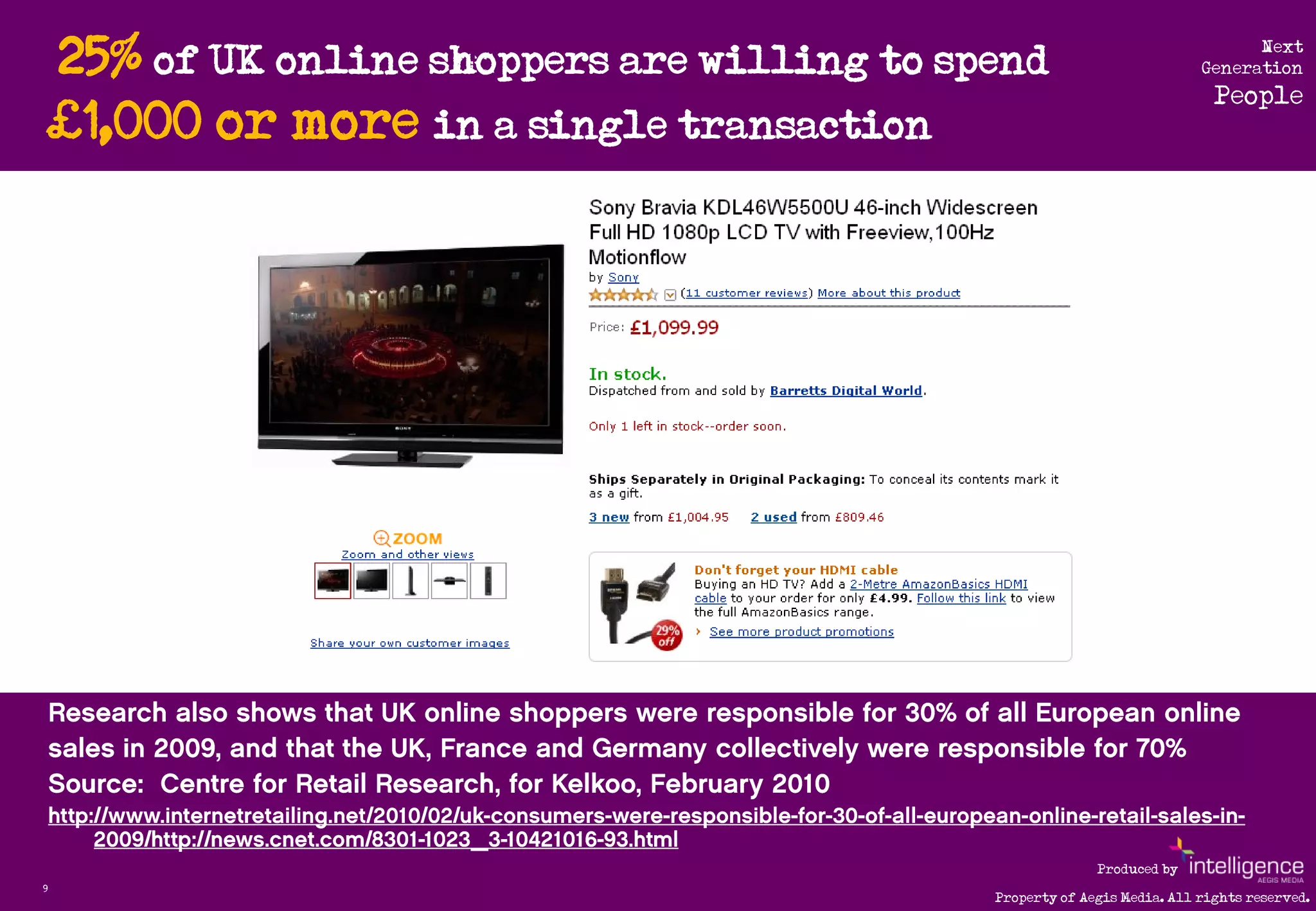 25% of UK online shoppers are willing to spend                                Next
                                                                            Generation
                                                                              People
    £1,000 or more in a single transaction




                                                             Produced by
9
                                               Property of Aegis Media. All rights reserved.
 