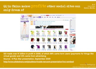 QQ in China makes profits other social sites can
                                                                                                             Next
                                                                                                       Generation
                                                                                                Social Media
 only dream of




 QQ made over $1 billion in proﬁt in 2008, of which 88% came form users (payments for things like
 virtual goods) and 12% came from advertising
 Source: 8 Plus Star presentation, September 2009
 http://www.slideshare.net/plus8star/inside-tencent-presentation?src=embed
                                                                                        Produced by
33
                                                                          Property of Aegis Media. All rights reserved.
 