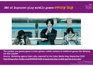 Next


    28% of Japanese play mobile games every                        day
                                                                                                   Generation
                                                                                                     People




         http://www.flickr.com/photos/jliba/3496259672/ 




The number one games genre is brain games; mobile versions of traditional games like Mahjong
are also popular
Source: Marketing agency Data Labo, reported by the Cyber Media blog, September 2009
http://blog.cyber-media.co.jp/2009/09/15/28-of-japanese-play-mobile-games-every-day/
                                                                                    Produced by
7
                                                                      Property of Aegis Media. All rights reserved.
 