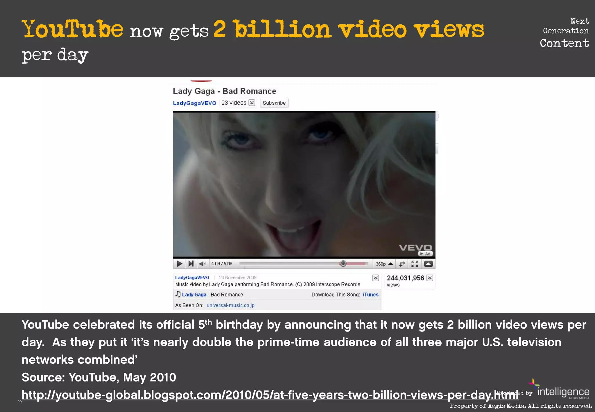 YouTube now gets 2 billion video views
                                                                           Next
                                                                     Generation
                                                                    Content
     per day




                                                      Produced by
19
                                        Property of Aegis Media. All rights reserved.
 